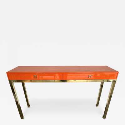 Mid-Century Modern Space Age Hollywood Regency orange lacquered console table with wood interior, 2 drawers, brass feet and handle by the French designer Guy Lefevre. Famous manufacture like Maison Jansen, Mahey, Mario Sabot, Charles. wood metal 1960s 1950s console table end side low coffee cocktail