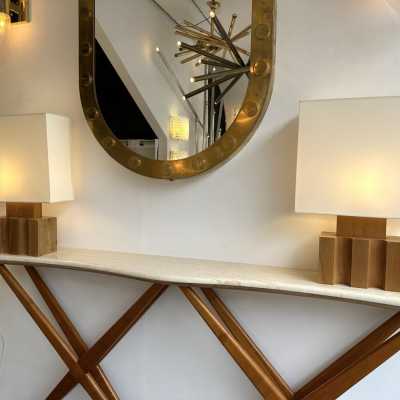 pair of or set of 2 lamps in massive elm wood by Maison Regain. Famous brutalist mid-century modern design like Pierre Chapo, Charlotte Perriand, Le Corbusier Pierre Jeanneret, Jean Prouvé, George Nakashima. Mid-Century modern space age brutalist 1970s 1950s