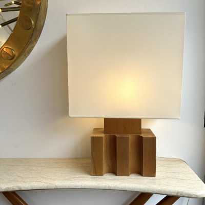 pair of or set of 2 lamps in massive elm wood by Maison Regain. Famous brutalist mid-century modern design like Pierre Chapo, Charlotte Perriand, Le Corbusier Pierre Jeanneret, Jean Prouvé, George Nakashima. Mid-Century modern space age brutalist 1970s 1950s