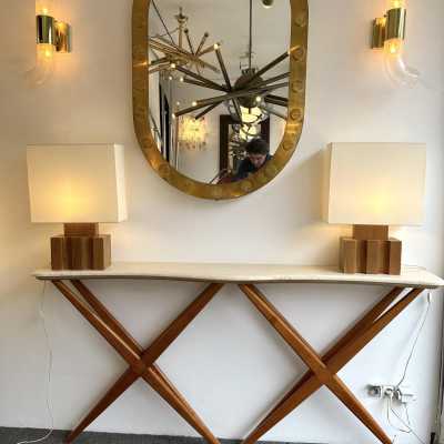 pair of or set of 2 lamps in massive elm wood by Maison Regain. Famous brutalist mid-century modern design like Pierre Chapo, Charlotte Perriand, Le Corbusier Pierre Jeanneret, Jean Prouvé, George Nakashima. Mid-Century modern space age brutalist 1970s 1950s