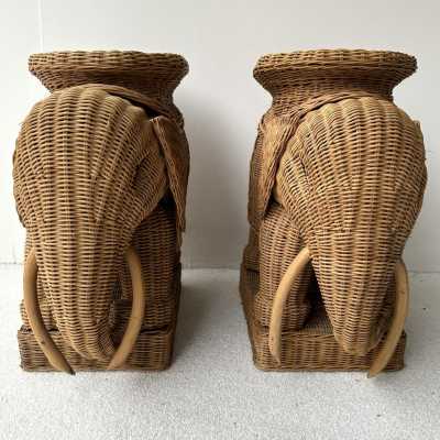 Pair or rattan animal elephant side, end, low, coffee, cocktail tables or nightstands. Artisanal work in the style of Mario Lopez Torres, Galerie Maison & Jardin, Jansen, Dal Vera, Vivai Del Sud palm tree, Hollywood Regency, Mid-Century Modern.
