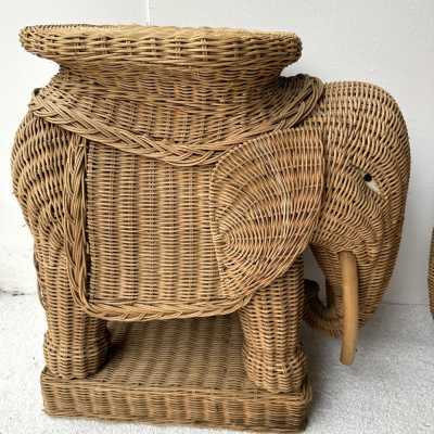 Pair or rattan animal elephant side, end, low, coffee, cocktail tables or nightstands. Artisanal work in the style of Mario Lopez Torres, Galerie Maison & Jardin, Jansen, Dal Vera, Vivai Del Sud palm tree, Hollywood Regency, Mid-Century Modern.