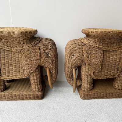 Pair or rattan animal elephant side, end, low, coffee, cocktail tables or nightstands. Artisanal work in the style of Mario Lopez Torres, Galerie Maison & Jardin, Jansen, Dal Vera, Vivai Del Sud palm tree, Hollywood Regency, Mid-Century Modern.