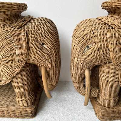 Pair or rattan animal elephant side, end, low, coffee, cocktail tables or nightstands. Artisanal work in the style of Mario Lopez Torres, Galerie Maison & Jardin, Jansen, Dal Vera, Vivai Del Sud palm tree, Hollywood Regency, Mid-Century Modern.