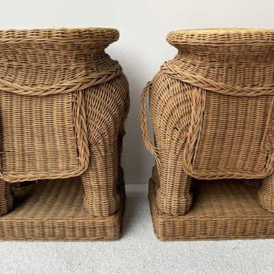 Pair or rattan animal elephant side, end, low, coffee, cocktail tables or nightstands. Artisanal work in the style of Mario Lopez Torres, Galerie Maison & Jardin, Jansen, Dal Vera, Vivai Del Sud palm tree, Hollywood Regency, Mid-Century Modern.