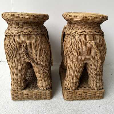 Pair or rattan animal elephant side, end, low, coffee, cocktail tables or nightstands. Artisanal work in the style of Mario Lopez Torres, Galerie Maison & Jardin, Jansen, Dal Vera, Vivai Del Sud palm tree, Hollywood Regency, Mid-Century Modern.