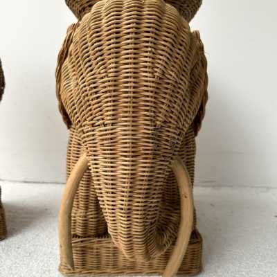 Pair or rattan animal elephant side, end, low, coffee, cocktail tables or nightstands. Artisanal work in the style of Mario Lopez Torres, Galerie Maison & Jardin, Jansen, Dal Vera, Vivai Del Sud palm tree, Hollywood Regency, Mid-Century Modern.