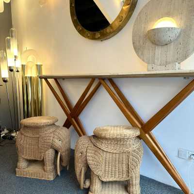 Pair or rattan animal elephant side, end, low, coffee, cocktail tables or nightstands. Artisanal work in the style of Mario Lopez Torres, Galerie Maison & Jardin, Jansen, Dal Vera, Vivai Del Sud palm tree, Hollywood Regency, Mid-Century Modern.
