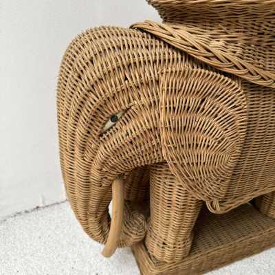 Pair or rattan animal elephant side, end, low, coffee, cocktail tables or nightstands. Artisanal work in the style of Mario Lopez Torres, Galerie Maison & Jardin, Jansen, Dal Vera, Vivai Del Sud palm tree, Hollywood Regency, Mid-Century Modern.