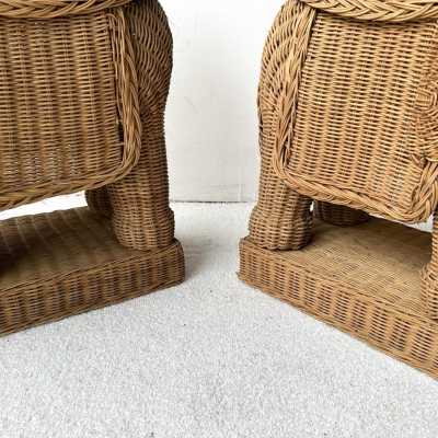 Pair or rattan animal elephant side, end, low, coffee, cocktail tables or nightstands. Artisanal work in the style of Mario Lopez Torres, Galerie Maison & Jardin, Jansen, Dal Vera, Vivai Del Sud palm tree, Hollywood Regency, Mid-Century Modern.