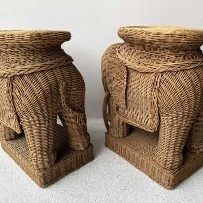 Pair or rattan animal elephant side, end, low, coffee, cocktail tables or nightstands. Artisanal work in the style of Mario Lopez Torres, Galerie Maison & Jardin, Jansen, Dal Vera, Vivai Del Sud palm tree, Hollywood Regency, Mid-Century Modern.