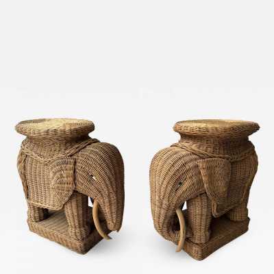 Pair or rattan animal elephant side, end, low, coffee, cocktail tables or nightstands. Artisanal work in the style of Mario Lopez Torres, Galerie Maison & Jardin, Jansen, Dal Vera, Vivai Del Sud palm tree, Hollywood Regency, Mid-Century Modern.