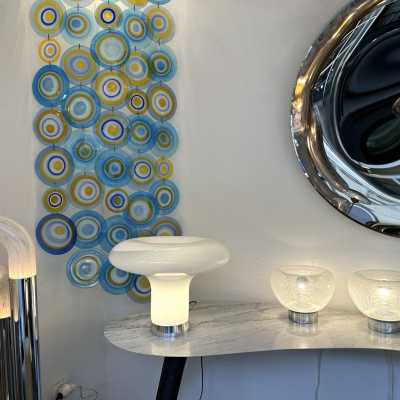 Pair of table or bedside lamps in metal chrome, white and clear stripe blown Murano glass by the Italian designer editor VeArt. Famous design like Mazzega, Venini, Vistosi, Veronese, La Murrina, Aldo Carlo Nason, Stilnovo, Joe Colombo, Arteluce, Arredoluce, Lumi, Luci, Rggiani, Sciolari, Werner Pantone, Raak, Angelo Brotto, Esperia, Francesco Bocola, Enrico Tronconi , Mario Bellini, Harvey Guzzini, Luigi Massoni, Martinelli, Pierre Cardin,. Mid-Century modern space age brass wood 1960s 1950s 1980s