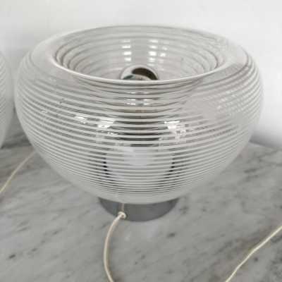 Pair of table or bedside lamps in metal chrome, white and clear stripe blown Murano glass by the Italian designer editor VeArt. Famous design like Mazzega, Venini, Vistosi, Veronese, La Murrina, Aldo Carlo Nason, Stilnovo, Joe Colombo, Arteluce, Arredoluce, Lumi, Luci, Rggiani, Sciolari, Werner Pantone, Raak, Angelo Brotto, Esperia, Francesco Bocola, Enrico Tronconi , Mario Bellini, Harvey Guzzini, Luigi Massoni, Martinelli, Pierre Cardin,. Mid-Century modern space age brass wood 1960s 1950s 1980s