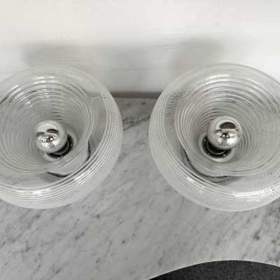 Pair of table or bedside lamps in metal chrome, white and clear stripe blown Murano glass by the Italian designer editor VeArt. Famous design like Mazzega, Venini, Vistosi, Veronese, La Murrina, Aldo Carlo Nason, Stilnovo, Joe Colombo, Arteluce, Arredoluce, Lumi, Luci, Rggiani, Sciolari, Werner Pantone, Raak, Angelo Brotto, Esperia, Francesco Bocola, Enrico Tronconi , Mario Bellini, Harvey Guzzini, Luigi Massoni, Martinelli, Pierre Cardin,. Mid-Century modern space age brass wood 1960s 1950s 1980s