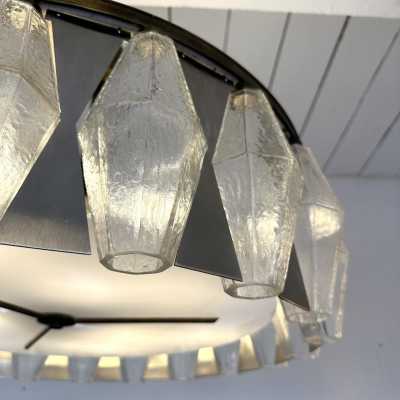 chandelier ceiling light or ceiling light in nickel-plated silver metal and brass with polyhedral Murano glass by Italian designer publisher Aureliano Toso. Famous designs like Reggiani, Sciolari, Stilux, Stilnovo, Angelo Brotto for Esperia, Aldo Carlo Nason for Mazzega, Venini, Vistosi, La Murrina, Toni Zuccheri, Fontana Arte, Artemide, Arteluce, Arredoluce, Luigi Caccia Dominioni.