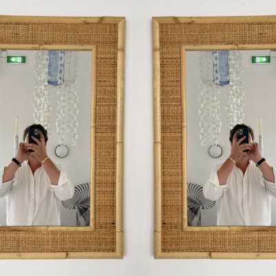 Hollywood Regency style wall mirror, Mid-Century Modern style, beautiful blend of bamboo, rattan and raffia, made by the Dal Vera manufacturer. Famous designers include Renato Zevi, Romeo Rega, Maison Jansen, Willy Rizzo and Mario Sabot.