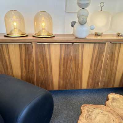 Pair of Space Age style table or bedside lamps in brass and gilded bubbled Murano glass by F. Fabbian. Famous designs by: Carlo Aldo Nason for Mazzega, Venini, Vistosi, La Murrina, Poliarte, Stilnovo, Arteluce, Arredoluce, Angelo Brotto for Esperia, Fontana Arte and Cristal Art.