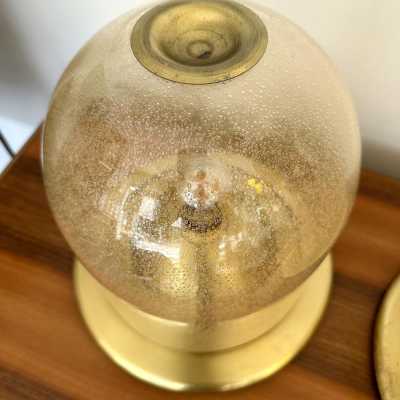 Pair of Space Age style table or bedside lamps in brass and gilded bubbled Murano glass by F. Fabbian. Famous designs by: Carlo Aldo Nason for Mazzega, Venini, Vistosi, La Murrina, Poliarte, Stilnovo, Arteluce, Arredoluce, Angelo Brotto for Esperia, Fontana Arte and Cristal Art.