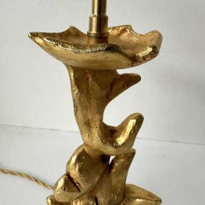 Pair of gilt-metal, bronze-style table or bedside lamps by Mathias for Fondica. Signed Mathias. Famous artists who worked for the manufacturer include Nicolas Dewael, Stéphane Galerneau, and Pierre Casenove. Styles: Garouste and Bonetti, Giacometti, Maison Jansen, Baguès, Charles, Hollywood Regency, Brutalism, Mid-Century Modern.