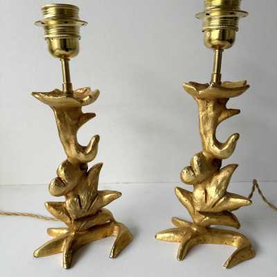 Pair of gilt-metal, bronze-style table or bedside lamps by Mathias for Fondica. Signed Mathias. Famous artists who worked for the manufacturer include Nicolas Dewael, Stéphane Galerneau, and Pierre Casenove. Styles: Garouste and Bonetti, Giacometti, Maison Jansen, Baguès, Charles, Hollywood Regency, Brutalism, Mid-Century Modern.