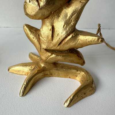 Pair of gilt-metal, bronze-style table or bedside lamps by Mathias for Fondica. Signed Mathias. Famous artists who worked for the manufacturer include Nicolas Dewael, Stéphane Galerneau, and Pierre Casenove. Styles: Garouste and Bonetti, Giacometti, Maison Jansen, Baguès, Charles, Hollywood Regency, Brutalism, Mid-Century Modern.