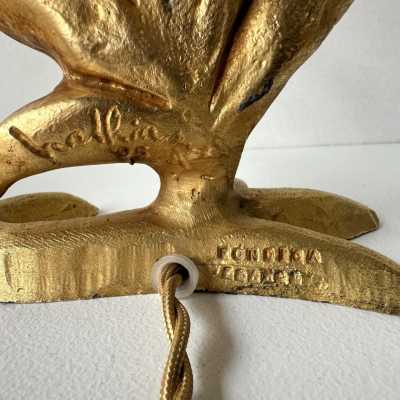 Pair of gilt-metal, bronze-style table or bedside lamps by Mathias for Fondica. Signed Mathias. Famous artists who worked for the manufacturer include Nicolas Dewael, Stéphane Galerneau, and Pierre Casenove. Styles: Garouste and Bonetti, Giacometti, Maison Jansen, Baguès, Charles, Hollywood Regency, Brutalism, Mid-Century Modern.