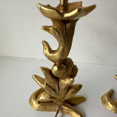 Pair of gilt-metal, bronze-style table or bedside lamps by Mathias for Fondica. Signed Mathias. Famous artists who worked for the manufacturer include Nicolas Dewael, Stéphane Galerneau, and Pierre Casenove. Styles: Garouste and Bonetti, Giacometti, Maison Jansen, Baguès, Charles, Hollywood Regency, Brutalism, Mid-Century Modern.