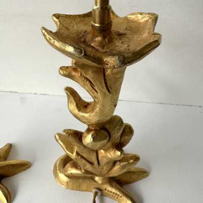 Pair of gilt-metal, bronze-style table or bedside lamps by Mathias for Fondica. Signed Mathias. Famous artists who worked for the manufacturer include Nicolas Dewael, Stéphane Galerneau, and Pierre Casenove. Styles: Garouste and Bonetti, Giacometti, Maison Jansen, Baguès, Charles, Hollywood Regency, Brutalism, Mid-Century Modern.