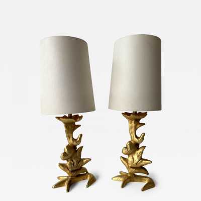 Pair of gilt-metal, bronze-style table or bedside lamps by Mathias for Fondica. Signed Mathias. Famous artists who worked for the manufacturer include Nicolas Dewael, Stéphane Galerneau, and Pierre Casenove. Styles: Garouste and Bonetti, Giacometti, Maison Jansen, Baguès, Charles, Hollywood Regency, Brutalism, Mid-Century Modern.