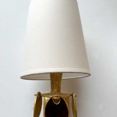 Pair of bronze-effect gilt metal and enamel sconces by Nicolas Dewael for Fondica. They come with their original special brass screws. Signed Dewael. Famous artists who worked for the factory, such as Pierre Casenove, Stéphane Galerneau, and Mathias. Styles: Garouste and Bonetti, Giacometti, Maison Jansen, Baguès, Charles, Hollywood Regency, Mid-Century Modernism, and Brutalist style.