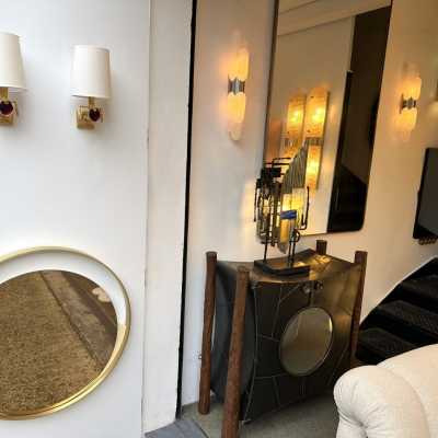 Pair of bronze-effect gilt metal and enamel sconces by Nicolas Dewael for Fondica. They come with their original special brass screws. Signed Dewael. Famous artists who worked for the factory, such as Pierre Casenove, Stéphane Galerneau, and Mathias. Styles: Garouste and Bonetti, Giacometti, Maison Jansen, Baguès, Charles, Hollywood Regency, Mid-Century Modernism, and Brutalist style.