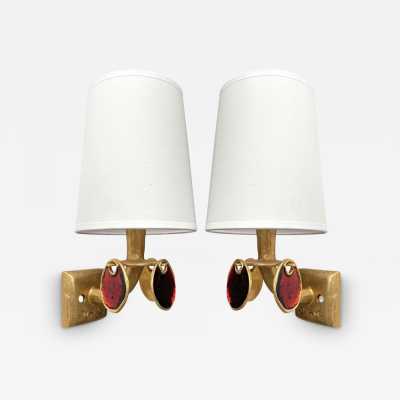 Pair of bronze-effect gilt metal and enamel sconces by Nicolas Dewael for Fondica. They come with their original special brass screws. Signed Dewael. Famous artists who worked for the factory, such as Pierre Casenove, Stéphane Galerneau, and Mathias. Styles: Garouste and Bonetti, Giacometti, Maison Jansen, Baguès, Charles, Hollywood Regency, Mid-Century Modernism, and Brutalist style.