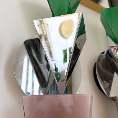 Rare pair of Wassily model wall lamps in chrome metal and pink and green Murano glass by designers Tihani and Mancini for the Italian manufacturer Foscarini. Famous manufacturing like Memphis Mid-Century Modern, Mazzega, Venini, Vistosi, Veronese, La Murrina, Aldo Carlo Nason, Stilnovo, Joe Colombo, Arteluce, Arredoluce, Lumi, Luci, Rggiani, Sciolari, Werner Pantone, Luigi Colani, Raak, Angelo Lelii, Angelo Brotto, Esperia, Francesco Bocola, Superstudio, Enrico Troncon