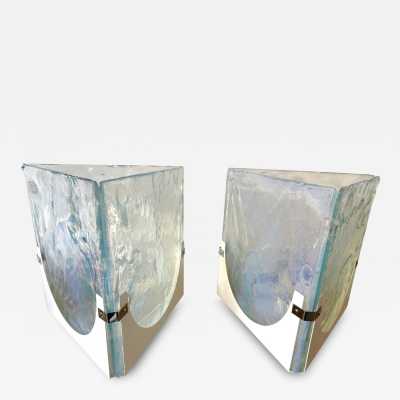 Pair of Mid-Century Modern Space Age table lamps in opalescent sky blue textured Murano glass blade and white lacquered metal base by the Leucos factory. Famous Italian design like Venini, Vistosi, La Murrina, Aldo Carlo Nason for Mazzega, Stilnovo, Joe Colombo, Arteluce, Arredoluce, Lumi, Luci, Rggiani, Sciolari, Werner Pantone, Luigi Colani, Raak, Angelo Lelii, Angelo Brotto, Esperia, Francesco Bocola, Superstudio, Enrico Tronconi, Mario Bellini, Harvey Guzzini, Luigi Massoni, Martinelli, P