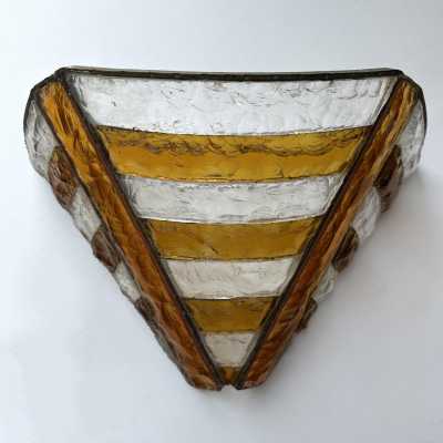 Mid-century wall sconces in hammered glass and wrought iron, with a gold and copper patina, in the brutalist style, made by the Italian manufacturer Longobard, a competitor of Biancardi Jordan in Verona and Poliarte in the 1970s. Famous designers, such as Carlo Aldo Nason for Mazzega Murano, Venini, Vistosi, La Murrina, Esperia and Angelo Brotto.