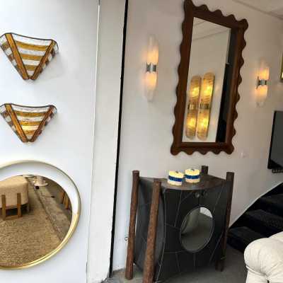 Mid-century wall sconces in hammered glass and wrought iron, with a gold and copper patina, in the brutalist style, made by the Italian manufacturer Longobard, a competitor of Biancardi Jordan in Verona and Poliarte in the 1970s. Famous designers, such as Carlo Aldo Nason for Mazzega Murano, Venini, Vistosi, La Murrina, Esperia and Angelo Brotto.