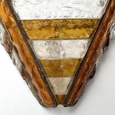Mid-century wall sconces in hammered glass and wrought iron, with a gold and copper patina, in the brutalist style, made by the Italian manufacturer Longobard, a competitor of Biancardi Jordan in Verona and Poliarte in the 1970s. Famous designers, such as Carlo Aldo Nason for Mazzega Murano, Venini, Vistosi, La Murrina, Esperia and Angelo Brotto.
