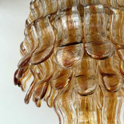 Hollywood Regency Mid-Century Modern Space Age Cascading Wave Chandelier, Clear Amber Murano Glass Pendant and Gold Metal Frame by Mazzega Manufacture, Design Attributed to Carlo Nason. Famous manufactory such as Venini, Veronese, La Murrina, Aldo Nason, Stilnovo, Joe Colombo, Arteluce, Arredoluce, Lumi, Luci, Rggiani, Sciolari, Werner Pantone, Luigi Colani, Raak, Angelo Lelii, Angelo Brotto, Esperia, Francesco Bocola, Superstudio, Enrico Tronconi, Mario Bellini, Harvey Guzzi