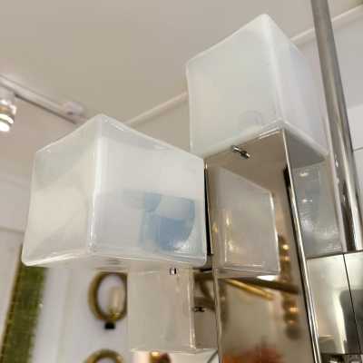 Cube-shaped pendant chandelier in blue opaline Murano glass and chrome-plated metal, manufactured by Mazzega. Designs by major brands such as Venini, Vistosi, La Murrina, Poliarte, Carlo Aldo Nason, and Toni Zuccheri.