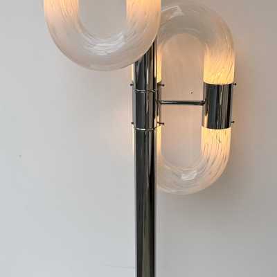 Vintage chrome metal version of the chain floor lamp by Aldo Nason for the Mazzega factory. Blown white Murano glass. Famous manufactory like Venini, Vistosi, La Murrina, Seguso, Carlo Nason, Poliarte, Esperia, Angelo Brotto, Stilnovo, Arteluce, Arredoluce, Artemide, Pierre Cardin, Lumi, Luci, Raak, Angelo Lelii, Francesco Bocola, Superstudio, Enrico Tronconi, Mario Bellini, Harvey Guzzini, Luigi Massoni, Martinelli, Fabio Lenci, Gio Ponti.