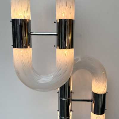 Vintage chrome metal version of the chain floor lamp by Aldo Nason for the Mazzega factory. Blown white Murano glass. Famous manufactory like Venini, Vistosi, La Murrina, Seguso, Carlo Nason, Poliarte, Esperia, Angelo Brotto, Stilnovo, Arteluce, Arredoluce, Artemide, Pierre Cardin, Lumi, Luci, Raak, Angelo Lelii, Francesco Bocola, Superstudio, Enrico Tronconi, Mario Bellini, Harvey Guzzini, Luigi Massoni, Martinelli, Fabio Lenci, Gio Ponti.