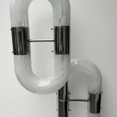 Vintage chrome metal version of the chain floor lamp by Aldo Nason for the Mazzega factory. Blown white Murano glass. Famous manufactory like Venini, Vistosi, La Murrina, Seguso, Carlo Nason, Poliarte, Esperia, Angelo Brotto, Stilnovo, Arteluce, Arredoluce, Artemide, Pierre Cardin, Lumi, Luci, Raak, Angelo Lelii, Francesco Bocola, Superstudio, Enrico Tronconi, Mario Bellini, Harvey Guzzini, Luigi Massoni, Martinelli, Fabio Lenci, Gio Ponti.