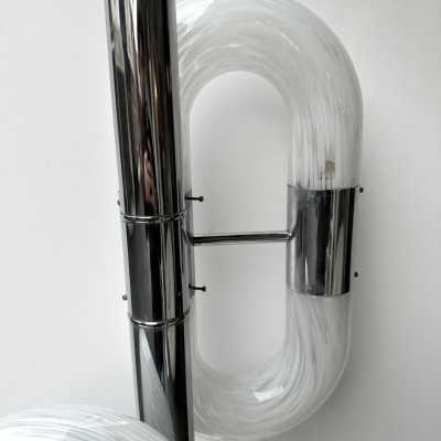 Vintage chrome metal version of the chain floor lamp by Aldo Nason for the Mazzega factory. Blown white Murano glass. Famous manufactory like Venini, Vistosi, La Murrina, Seguso, Carlo Nason, Poliarte, Esperia, Angelo Brotto, Stilnovo, Arteluce, Arredoluce, Artemide, Pierre Cardin, Lumi, Luci, Raak, Angelo Lelii, Francesco Bocola, Superstudio, Enrico Tronconi, Mario Bellini, Harvey Guzzini, Luigi Massoni, Martinelli, Fabio Lenci, Gio Ponti.