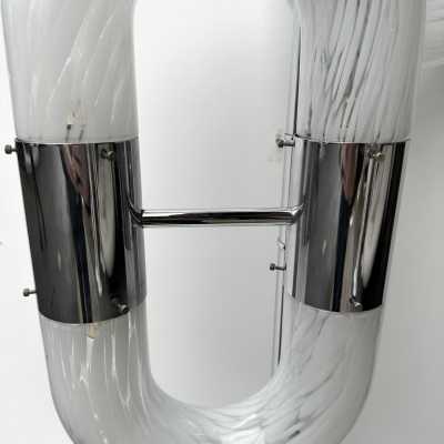 Vintage chrome metal version of the chain floor lamp by Aldo Nason for the Mazzega factory. Blown white Murano glass. Famous manufactory like Venini, Vistosi, La Murrina, Seguso, Carlo Nason, Poliarte, Esperia, Angelo Brotto, Stilnovo, Arteluce, Arredoluce, Artemide, Pierre Cardin, Lumi, Luci, Raak, Angelo Lelii, Francesco Bocola, Superstudio, Enrico Tronconi, Mario Bellini, Harvey Guzzini, Luigi Massoni, Martinelli, Fabio Lenci, Gio Ponti.