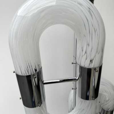 Vintage chrome metal version of the chain floor lamp by Aldo Nason for the Mazzega factory. Blown white Murano glass. Famous manufactory like Venini, Vistosi, La Murrina, Seguso, Carlo Nason, Poliarte, Esperia, Angelo Brotto, Stilnovo, Arteluce, Arredoluce, Artemide, Pierre Cardin, Lumi, Luci, Raak, Angelo Lelii, Francesco Bocola, Superstudio, Enrico Tronconi, Mario Bellini, Harvey Guzzini, Luigi Massoni, Martinelli, Fabio Lenci, Gio Ponti.