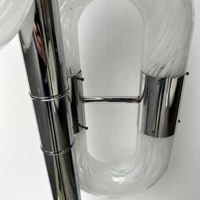 Vintage chrome metal version of the chain floor lamp by Aldo Nason for the Mazzega factory. Blown white Murano glass. Famous manufactory like Venini, Vistosi, La Murrina, Seguso, Carlo Nason, Poliarte, Esperia, Angelo Brotto, Stilnovo, Arteluce, Arredoluce, Artemide, Pierre Cardin, Lumi, Luci, Raak, Angelo Lelii, Francesco Bocola, Superstudio, Enrico Tronconi, Mario Bellini, Harvey Guzzini, Luigi Massoni, Martinelli, Fabio Lenci, Gio Ponti.