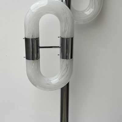 Vintage chrome metal version of the chain floor lamp by Aldo Nason for the Mazzega factory. Blown white Murano glass. Famous manufactory like Venini, Vistosi, La Murrina, Seguso, Carlo Nason, Poliarte, Esperia, Angelo Brotto, Stilnovo, Arteluce, Arredoluce, Artemide, Pierre Cardin, Lumi, Luci, Raak, Angelo Lelii, Francesco Bocola, Superstudio, Enrico Tronconi, Mario Bellini, Harvey Guzzini, Luigi Massoni, Martinelli, Fabio Lenci, Gio Ponti.
