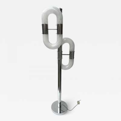 Vintage chrome metal version of the chain floor lamp by Aldo Nason for the Mazzega factory. Blown white Murano glass. Famous manufactory like Venini, Vistosi, La Murrina, Seguso, Carlo Nason, Poliarte, Esperia, Angelo Brotto, Stilnovo, Arteluce, Arredoluce, Artemide, Pierre Cardin, Lumi, Luci, Raak, Angelo Lelii, Francesco Bocola, Superstudio, Enrico Tronconi, Mario Bellini, Harvey Guzzini, Luigi Massoni, Martinelli, Fabio Lenci, Gio Ponti.