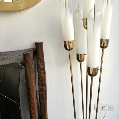 Mid-century modern space age brass Roseau floor lamp, smoky white blown Murano glass tube shade by Italian design manufactory Mazzega. Famous manufacturers such as Venini, La Murrina, Seguso, Carlo Aldo Nason, Poliarte, Esperia, Angelo Brotto, Stilnovo, Arteluce, Arredoluce, Artemide, Pierre Cardin, Lumi, Luci, Raak, Angelo Lelii, Francesco Bocola, Superstudio, Enrico Tronconi, Mario Bellini, Harvey Guzzini, Luigi Massoni, Martinelli, Fabio Lenci, Gio Ponti.